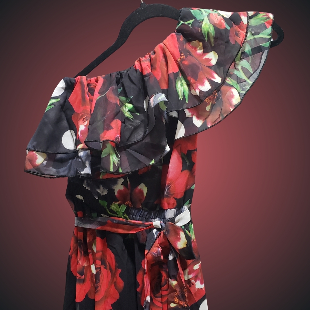 DALIA MACPHEE One Shoulder Floral Dots Maxi Dress Medium Red NWT 🌹⚘ - Picture 2 of 7